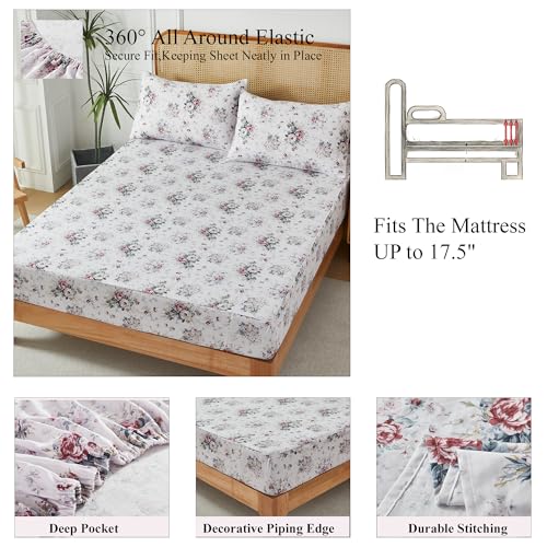 Image of FADFAY Breathable Double Gauze Cotton Sheets Set - Pistachio White Floral Cottagecore Bed Set, Ultra Soft Lightweight 100% Cotton Gauze Bedding, Summer Cooling Bed Set with Pillowcases