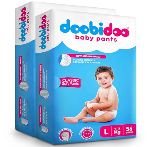 Image of Doobidoo Classic Baby Diaper Pants - L Size | High Absorbency with Cottony Bubble Soft Topsheet, Anti-Leak Side Cuffs & Rash-Free Comfort | Gentle Protection (9-14 kg) - Pack of 2 | 112 Count