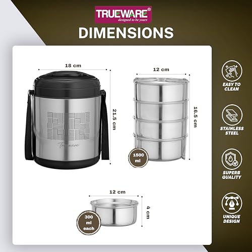 Image of Trueware Legend 4 Stainless Steel PU Insulated Hot and Cold Lunch Box with 4 SS Container 300 ML Each