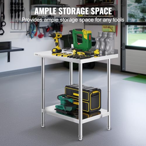 Image of VEVOR 24 x 30 x 36 Inch Stainless Steel Work Table, Commercial Food Prep Worktable Heavy Duty Prep Worktable, Metal Work Table with Adjustable Height for Restaurant, Home and Hotel