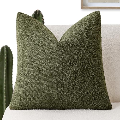 Image of Foindtower Decorative Textured Boucle Throw Pillow Covers Accent Solid Pillow Cases Neutral Soft Cozy Couch Cushion Case for Chair Sofa Bedroom Living Room Home Decor 20x20 Inch,1PC,Moss Green