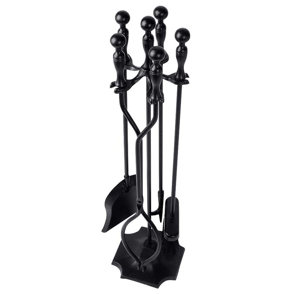 Set di attrezzi per camino, set di attrezzi per camino nero da 5 pezzi - Set di attrezzi per camino in ferro battuto resistente con attizzatoio, pala, pinze, spazzola e supporto - Facile da montare