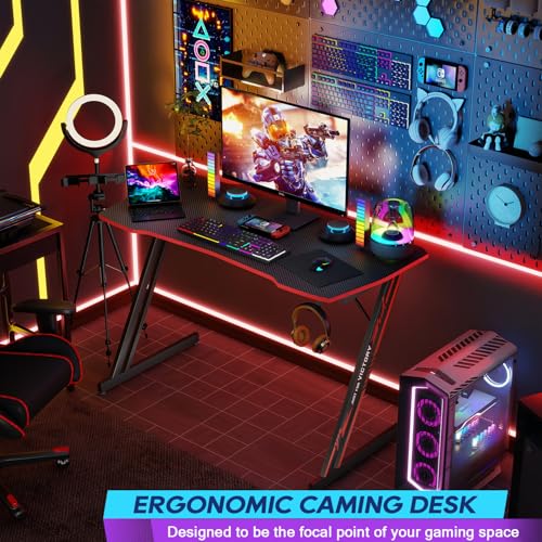 Image of BestOffice 39 inch Gaming Desk Computer Gaming Desk Z Shaped Gaming Workstation Ergonomic Gaming Table with Headphone Hook for Game Players,Black&Red