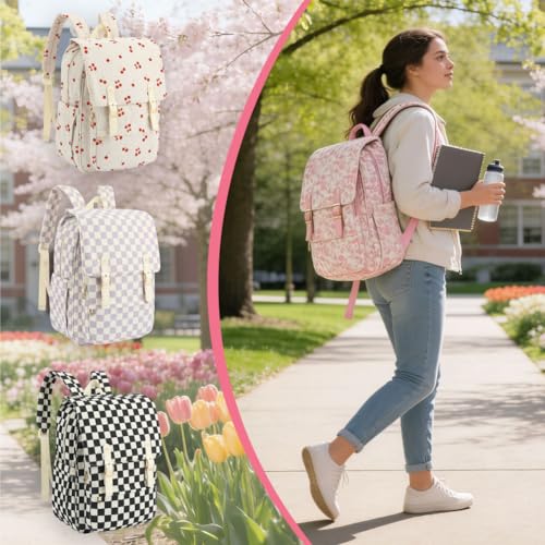 Image of Women Laptop Backpack, Corduroy 15.6 inch Travel Backpack for Work College Business, Teacher Nurse Bag with Large Capacity School Bookbag Bags for Girls - Flowers Pink