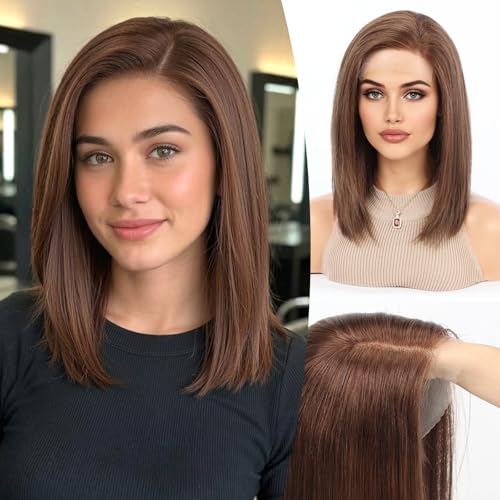 Image of KKU 100% Human Hair Lace Front Wig for Women- Pre-Plucked Natural Hairline, Side Part Brown Wig, 14 Inch, Soft & Natural Hair for Daily Use