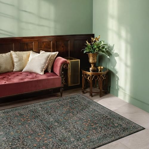 Image of Dark Green Floral Living Room Rug 5x7 Area Rug - Vintage Forest Washable Mat for Dining Room, Bedroom, Low Pile Non Slip Stain Resistance Distressed Retro Indoor Boho Carpet (5x7 Dark Green)