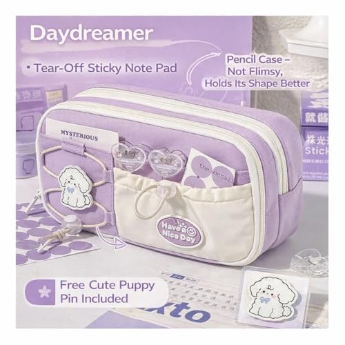 Image of Invite Large Capacity Cute Aesthetic Pencil Case with Multi Compartments, Multi-Pocket Pastel Pen Pouch Organizer with Zipper, Kawaii School Supplies Bag for Girls, Teens & Students (Purple Dog)