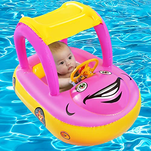 Image of YJJY Baby Pool Float with UPF 50+ Canopy Car Shaped Inflatable Baby Swim Float with Sunshade Safty Seat Baby Swimming Float for Infant Toddler Kids for Age of 6-36 Months