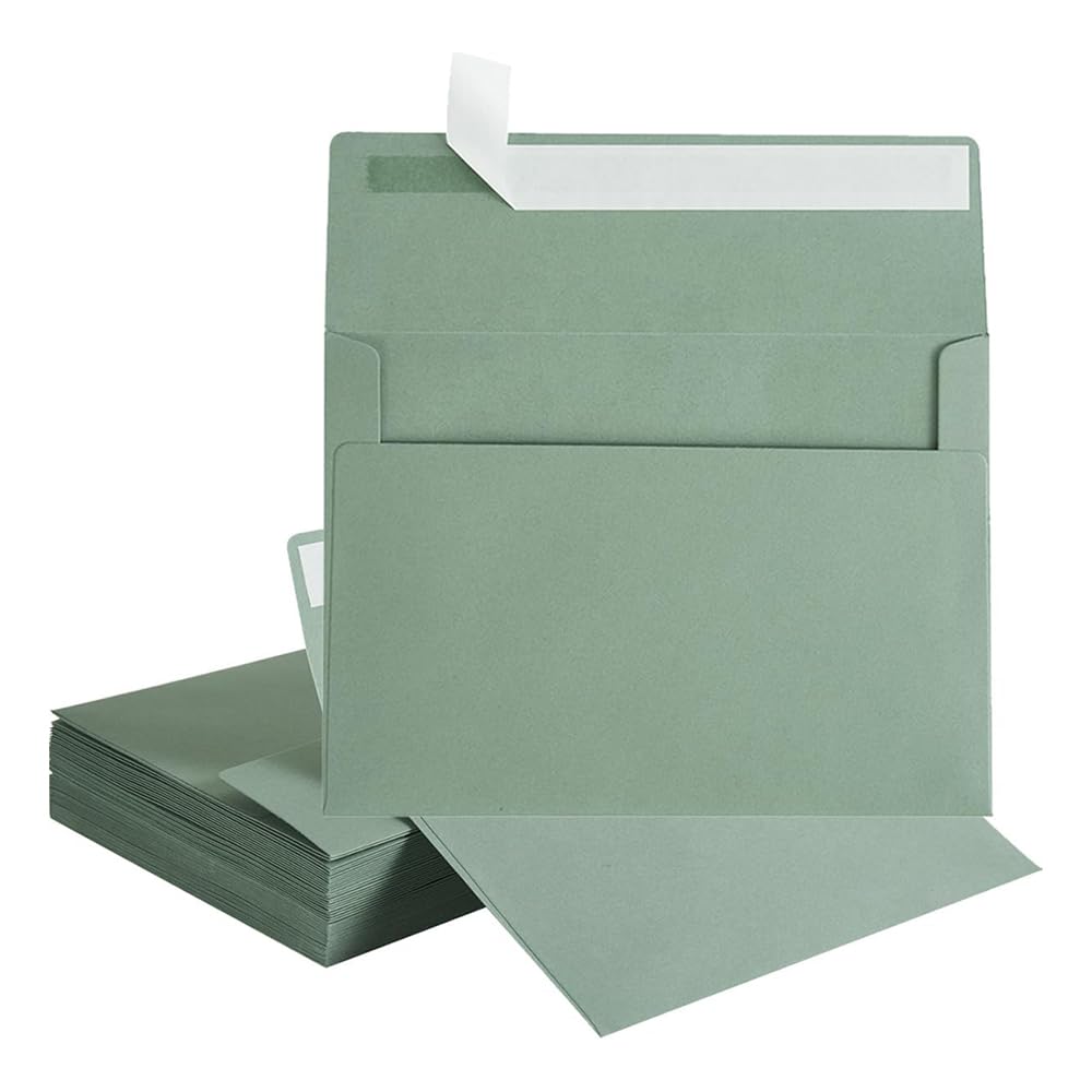 50Pcs Envelopes, Sage Green Envelopes Colored Self Seal for Wedding, Party Invitations, Greeting Cards (S Size Envelope with Flat Flap)