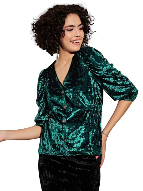 Image of SASSAFRAS Emerald Velvet Front Button Top