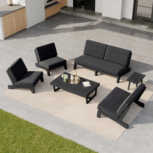 Image of Pia Ricoo 6-Piece Patio Furniture Set, Outdoor Wood Sofa with Loveseat, 2 Chairs, Coffee Table & Side Table, All-Weather Conversation Set for Backyard /Deck /Lawn - Dark Gray /Dark