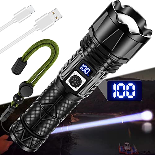 Torches LED Super Bright 500000 Lumen Rechargeable, Powerful Torch with 5000 mAh Rechargeable Battery, 5 Lighting Modes with Zoom and LCD Power Display