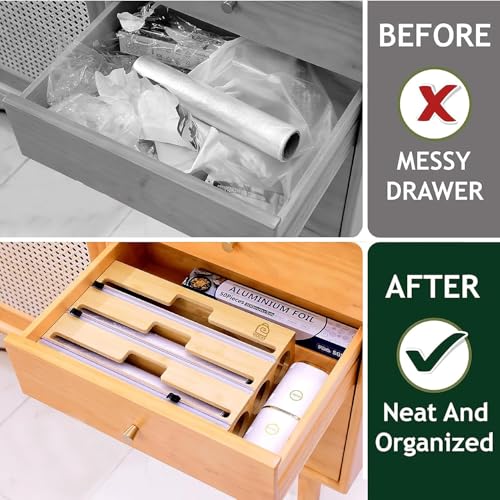 Image of DOCAT Foil Paper Cutter and Holder, 3 in 1 Aluminum Foil and Plastic Wrap Organizer for Drawer and Wall, Compatible with Cling Film, Tin Foil and Wax Paper (Bamboo)