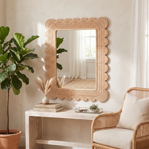 Image of Small Scalloped Rattan Wall Mirror 23 inch x 17 inch Decorative Mirror | Decorative Natural Rattan Wall Wavy Mirror, with Handwoven Frame, for Bathroom, Living Room, Entryway Decor
