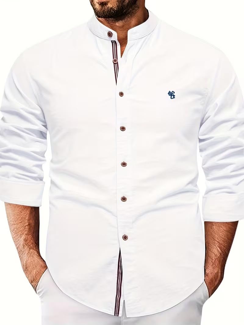 BE ACTIVE Cotone solido da uomo | Colletto alla coreana regolare | Maniche lunghe | Camicia casual vestibilità regolare