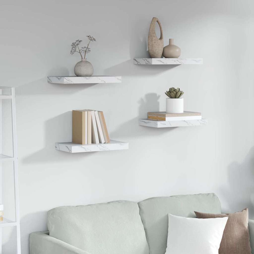 Set di 4 mensole da parete in legno bianco marmo, 40 x 23,5 x 3,8 cm, supporto da parete per libri, decorazione da cucina, bagno