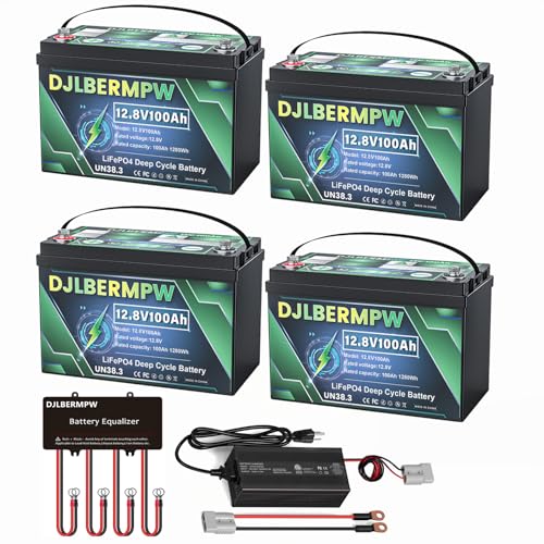DJLBERMPW 48V Lithium Golf Cart Battery, 48 Volt 100Ah LiFePO4 Battery, Built-in 100A BMS, Includes 48V Voltage Equalizer,14.6V 10A Fast Charging Charger, Perfect for Golf Carts,RV,Off-Grid Solar Home