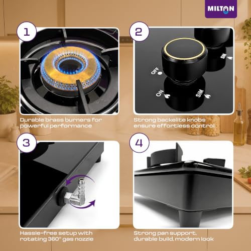 Image of Milton Magnus 4 Burner Gas Stove Hobtop | Manual Ignition | Italian SABAF Valves | 8mm Toughened Glass Top | 360 Nozzle | ISI Certified | 5 Years Glass Warranty