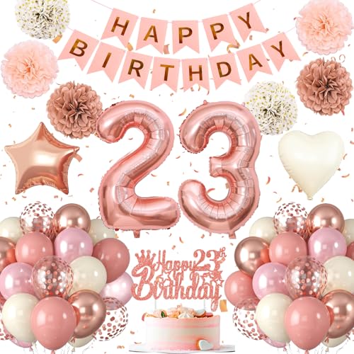 Decoration Anniversaire 23 ans，Ballon Anniversaire 23 An，Or Rose Deco Anniversaire 23 ans ，Banderole Joyeux, Ballons de Baudruche Rose Gold pour Filles