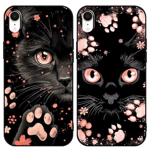Yimctoie 2 Piezas Funda para iPhone XR 6.1',Cute Negro Gatito Estética Cat Case Lindo Dibujos Animados Aesthetic Pata de Gato Rosa,Carcasa Antichoque Protección TPU Silicona Fundas