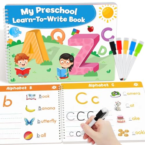 Preschool Learning Activities Educational Workbook, Learn to Write Alphabet Practice Book, Tracing Letter Number Colors Shapes Autism Learning Materials, Great for Kindergarten Preschool Classroom.