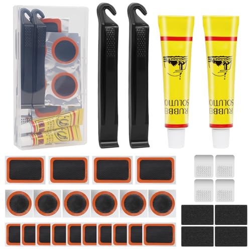 OSDUE Kit Repara Pinchazos Bicicleta, 33 Piezas Neumáticos Kits con Parches Bicicleta Soluciones de Goma Palanca de neumáticos Lima Metálica para Bicicleta y Neumáticos (Modelo A)