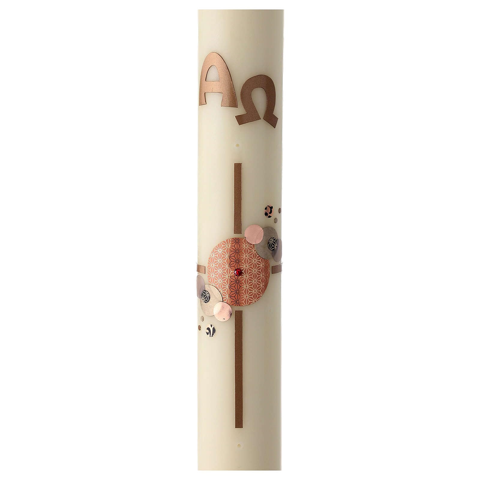 Modern Paschal Candle with red Decorated Cross, Alpha and Omega, 30x3 in