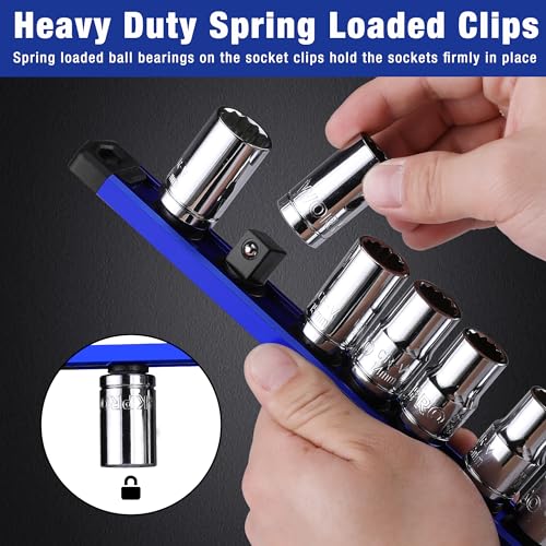 Image of WORKPRO Magnetic Socket Organizer Set, 3-Piece Aluminum Alloy Socket Rail, Heavy Duty Socket Holder, Socket Rack Kit 1 /4-Inch x 12 Clips, 3 /8-Inch x 10 Clips, 1 /2-Inch x 10 Clips (Blue)