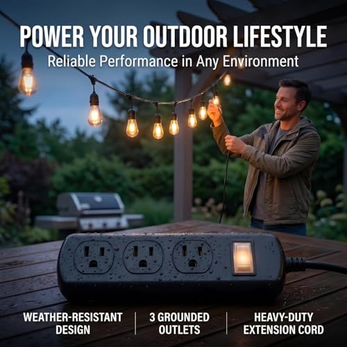 Zewhab Outdoor Power Strip Extensión con Protector contra Sobretensiones Impermeable IPX6, 3 Tomas Amplias, Enchufe Plano, Cable de 3 pies, 13A 1625W (Negro) miniatura 6