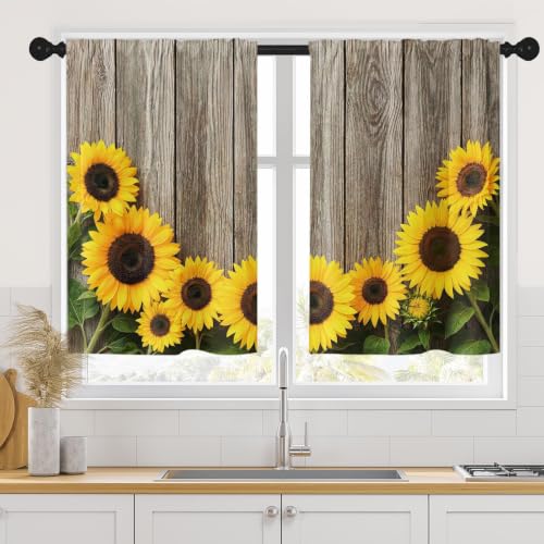 Tayney Sunflower Kitchen Curtains 36 Inch Length Farmhouse Window Short Tier Curtains Over Sink Set of 2 Wooden Board Flower Summer Vintage Small Kitchen Decor 26x36 Inch