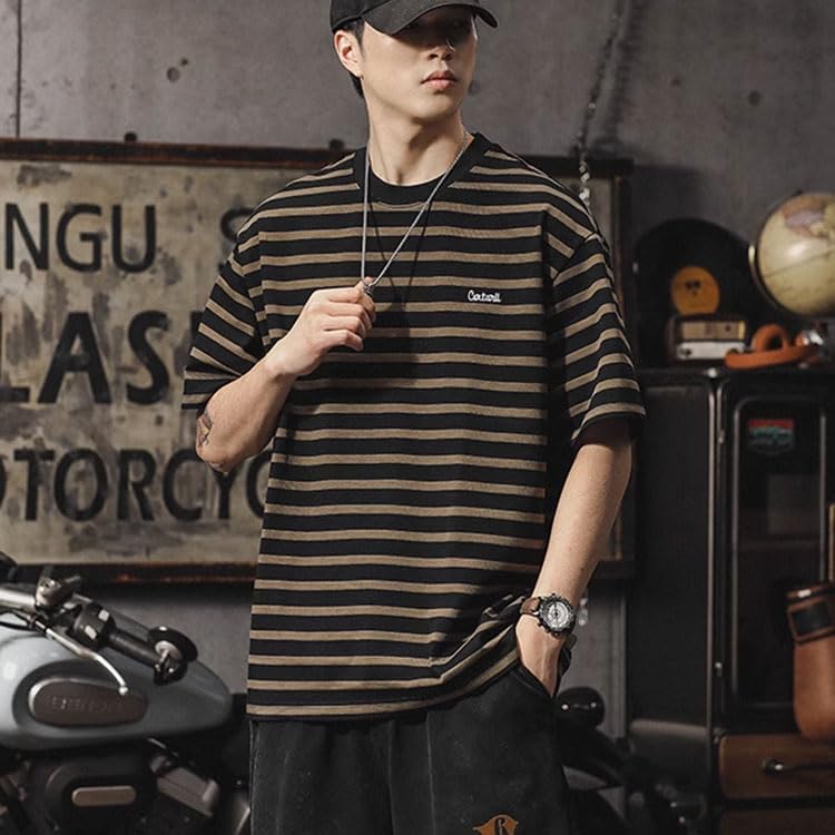 [Luvian] メンズ ストライプ Tシャツ 半袖 夏 ルビズ対応 吸汗速乾 アメリカンルーズフィット 通勤普段使い カジュアルお