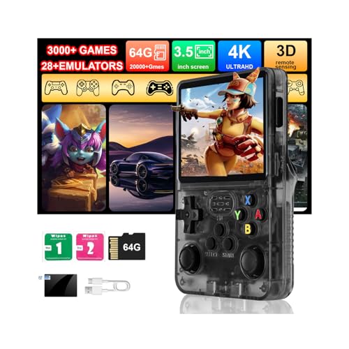 R36S Handheld Game Console, 3.5' IPS Screen Retro Game Emulator with Open Source System, Portable Video Gaming Player with Built in 3000+ Games, 64GB TF Card, Gift for Adults Teens Kids, Black