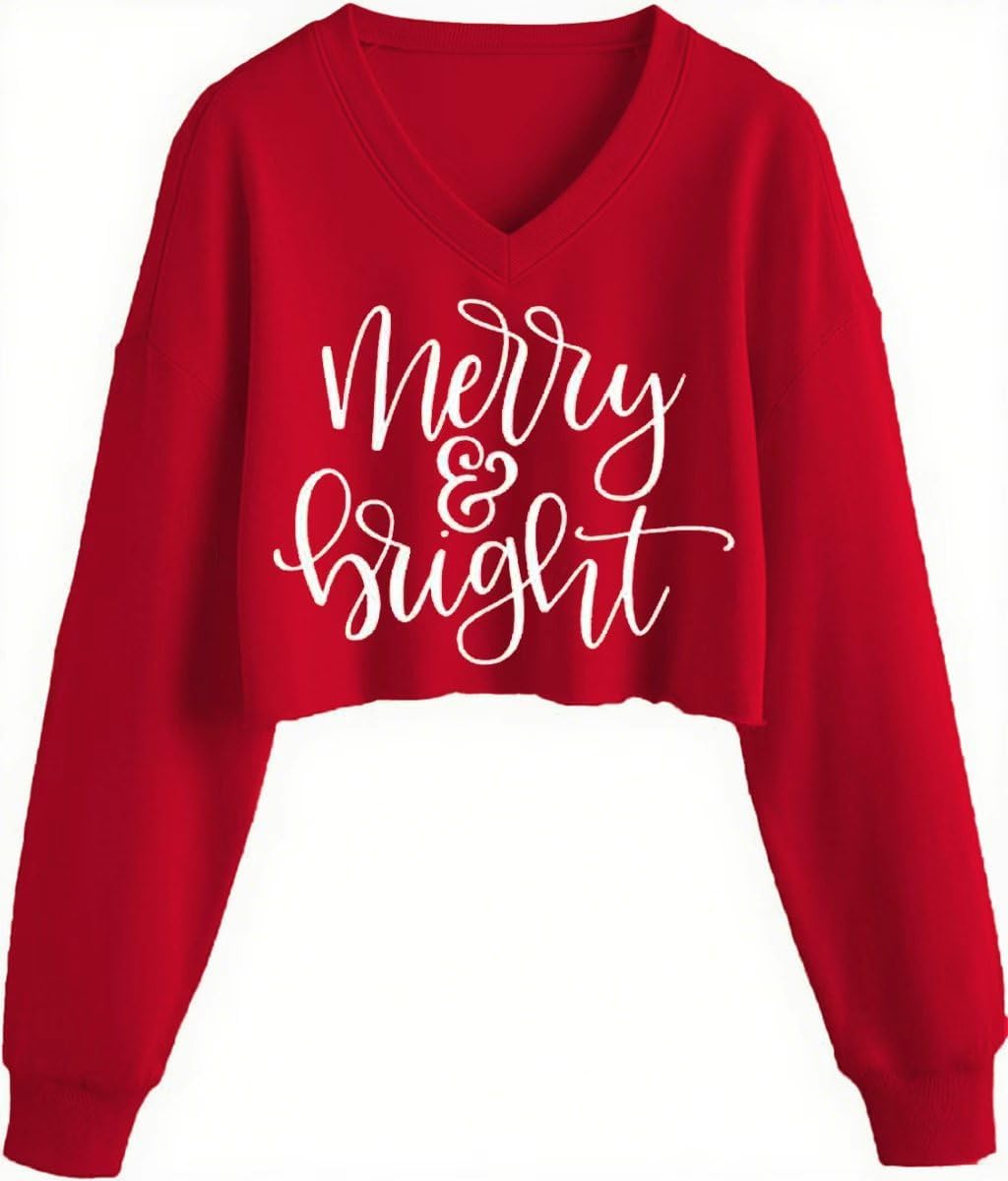 Women V-Neck Winter Christmas Crop Sweatshirt Funny Xmas Believe Christmas Tree Merry and Bright Graphic Pullover Tops