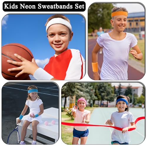 Image of 48PCS Neon Sweatbands, Colorful Sport Headband Wristband Set for Kids, Breathable Terry Cloth Athletic Sweat Bands for Basketball Tennis Running Football, Multicolor