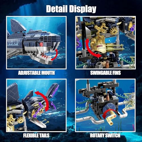 Image of SKY LINE OCEAN || Mechanical Shark Building Set || 699 Pcs || Rotatable STEM Sea Animal Toy with Display Stand || 6 Months Structural Warranty