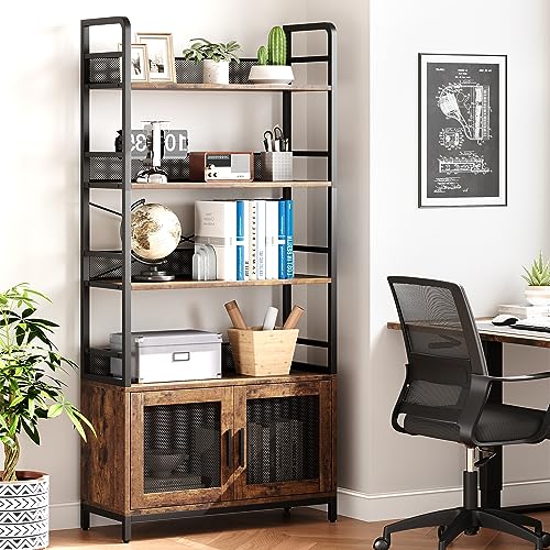 GAOMON Industrial Bookshelf with Doors 70.87" Tall Bookcase with 4 Tiers Open Storage Shelf Rustic Bookshelves Display Rack Cabinet Farmhouse Bookshelf for Bedroom, Living Room, Home Office, Brown