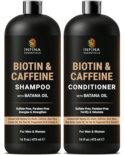 INFINA ESSENTIALS Caffeine Biotin Shampoo and Conditioner Set | Hair Thickening & Strengthening | 16 fl oz Each | with Batana Oil & Castor Oil | For Thinning Hair Care | Men & Women