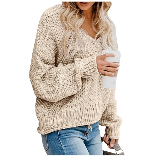 Women's Sweaters V Neck Cute Elegant Soft Long Sleeve Cable Knit Pullover Tops, S-2XL
