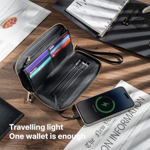 RFID Blocking Wallet for Women, Slim Wallet for Women with Wireless Charging & Built-in Power Bank,Travel Wallet – A Brilliant Gift Choice, Vegan Leather Clutch Wallet with Zip, Hand Strap2