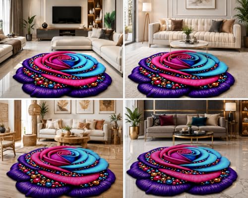 Image of 3D Rose & Floral Door Mat | Water Absorbent, Anti-Skid, Machine Washable Floor Mat | Soft Microfiber Carpet for Home, Living Room & Bedroom | Premium Decorative Mat (Multicolor Pink purple Blue, Rose)