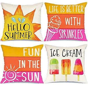 Summer Pillow Covers 18×18 Inch Set of 4 Popsicle Ice Cream Pillows Decorative Throw Pillows with Says Fun in The Sun Summer Decorations Farmhouse Decor Cushion Case for Sofa Couch G283-18