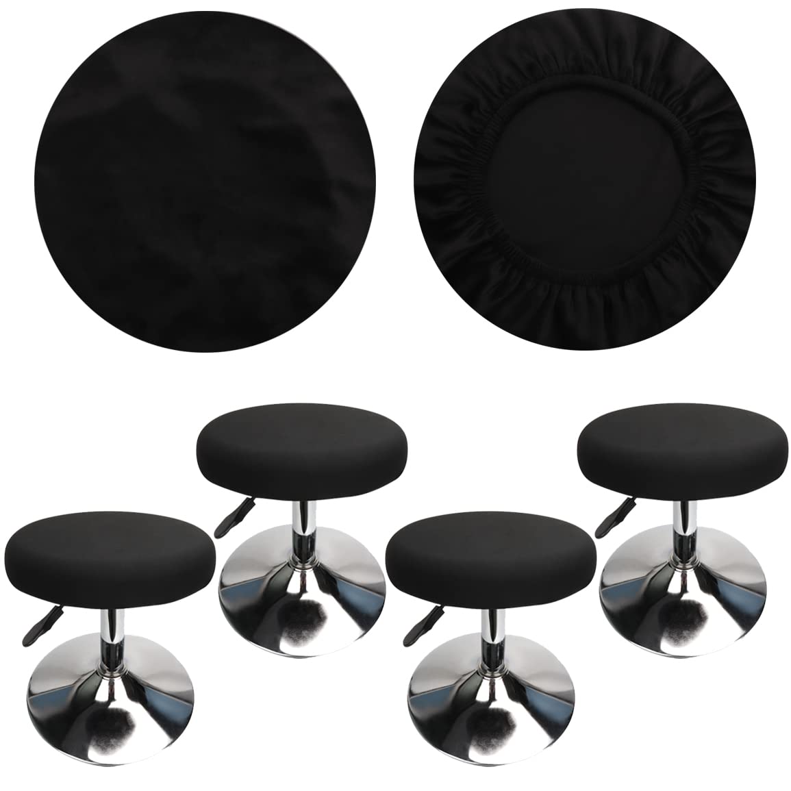 Copri Sgabello Rotondo Tessuto di Lusso Diametro 30-40cm, Elastico Antirughe Lavabile e Antipolvere (4 Pezzi Nero)