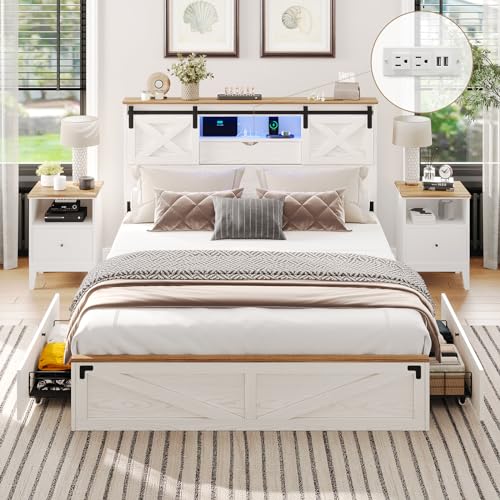 Hasuit Farmhouse Bed Frame King Size with Storage Bookcase Headboard, Wooden King Bed with LED Lights, Charging Station, 2 Drawers, Country Rustic Bed Frame with Sliding Barn Door