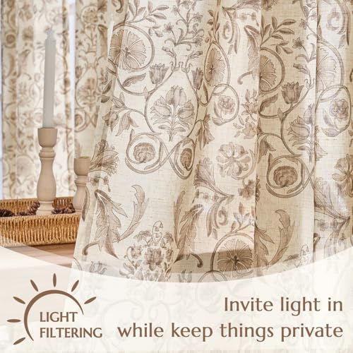 Image of jinchan Linen Floral Curtains for Living Room with Printed Flower 84 Inches Long Light Filtering Farmhouse Window Treatment Vintage Drapes Back Tab Rod Pocket 2 Panels Taupe on Beige