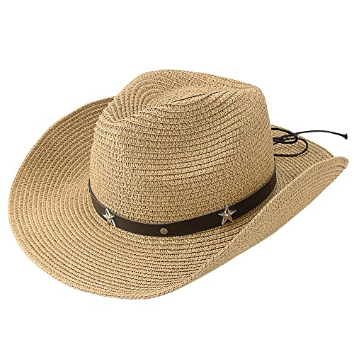Sombrero de paja para mujer con ala ancha estilo vaquero miniatura 3