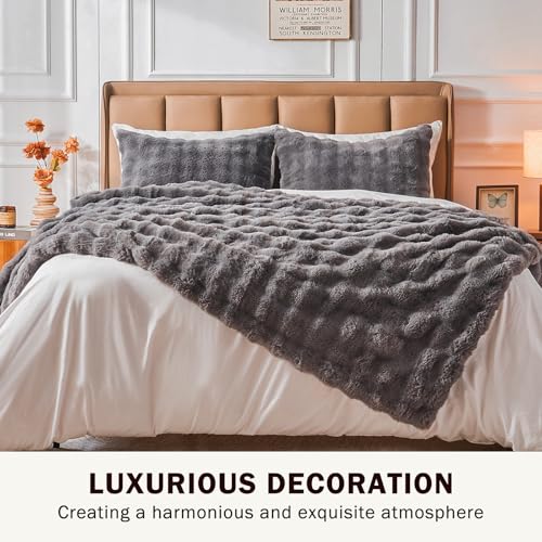 Image of EMME Faux Fur Blanket Twin Size Dark Gray - Big Bubble Rabbit Cozy Blanket for Couch, Thick Furry Plush Shaggy Blankets, 650GSM, 60x80 Inches