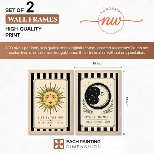 Image of NoWorries Sun & Moon Wall Art Set of 2, Celestial Boho Decor, Vintage Tarot Inspired Prints, Spiritual Wall Decor for Bedroom, Living Room & Meditation Space (Art-15, 10x13inch)