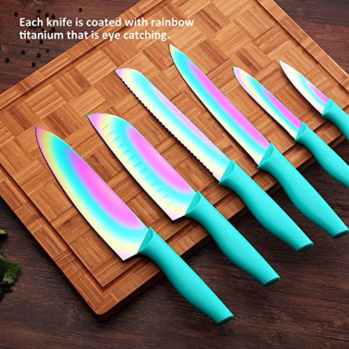 Image of DISHWASHER SAFE Kitchen Knife Set, Marco AlmondA‚ KYA37 12-Piece Rainbow Titanium Stainless Steel Boxed Knives Set for Kitchen with Sheath, 6 Knives with 6 Blade Guards, Teal