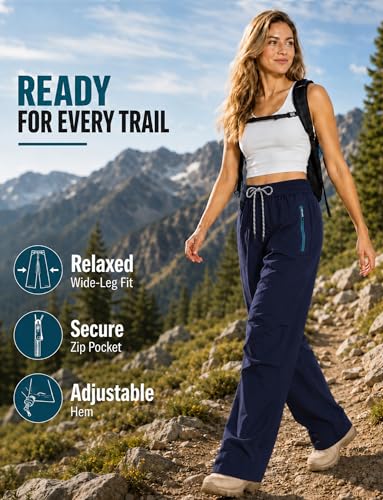 Image of FEOYA Hiking Pants Women Parachute Pants Baggy Quick-Dry Water-Repellent | with Zipper Large Pockets Outdoor Travel Cargo Pants Casual Wear