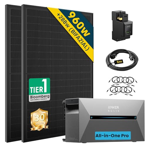 Prime-exklusiv: ALLDREI® Balkonkraftwerk mit Speicher Solix 2 Pro, Solarbank E1600Pro All in One Stromspeicher 1,6kWh mit Wechselrichter, Komplettset mit 2x480W Full Black Bifazialer Solarpanel & Smarten Zähler